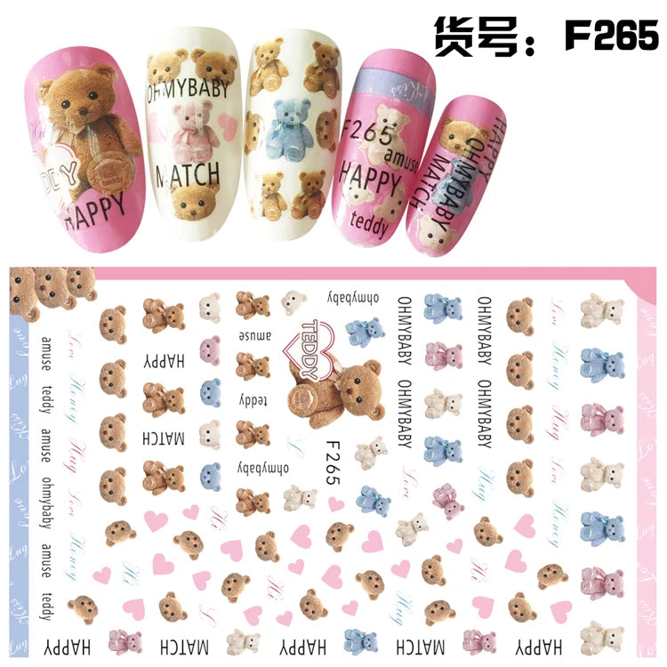4er Set Nail Sticker – Süße Cartoon-Bären & Herzen für kreative Maniküre