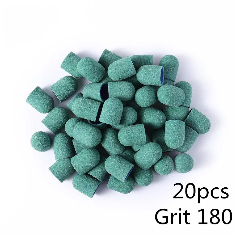 Schleifkappen 5/10/20 Stück – Verschiedene Farben & Grits (80/120/180) + Gummikopf für Nagelfräser