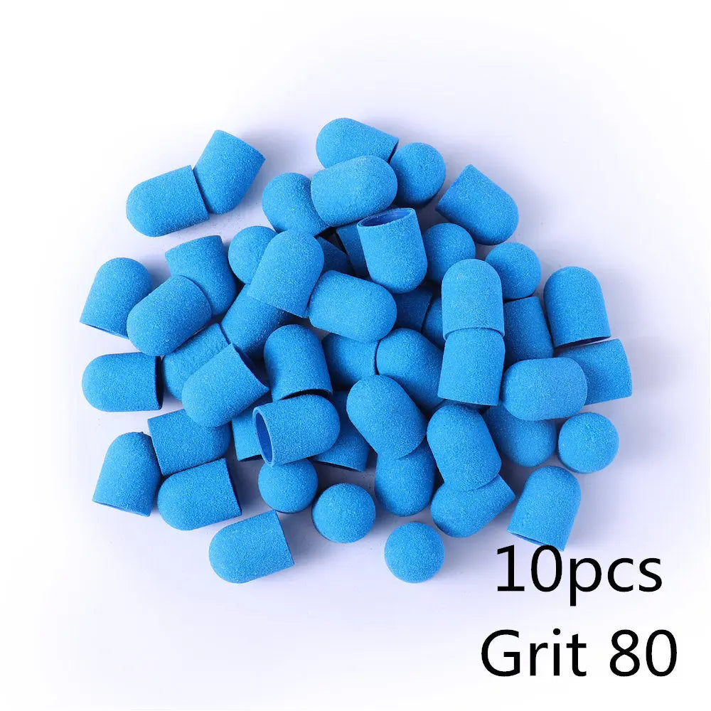 Schleifkappen 5/10/20 Stück – Verschiedene Farben & Grits (80/120/180) + Gummikopf für Nagelfräser