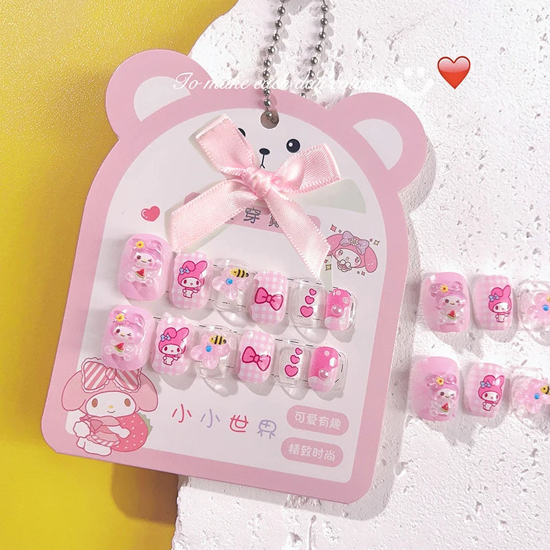 12pcs MINISO Children Press on False Nails Y2k Kawaii Cartoon Design Fake Nails Short Sqare Detachable Manicure Girls Gifts #DGL