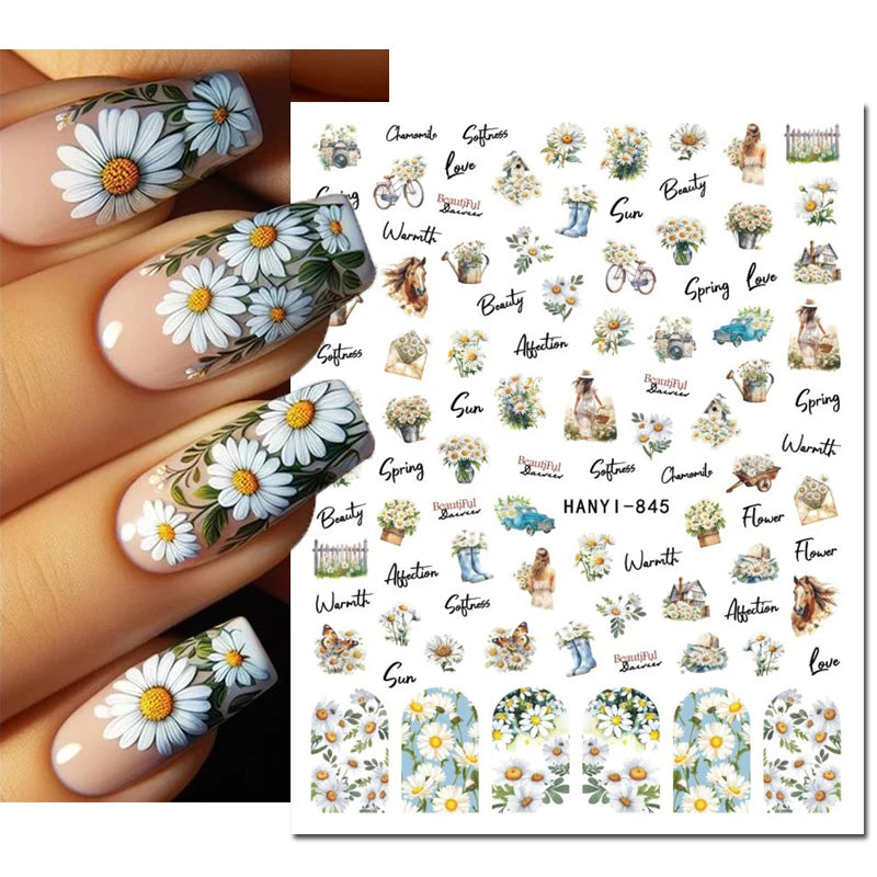 3D Nagelsticker Weißer Pflaumenblüten mit Goldperlen & Schmetterlingen 2.