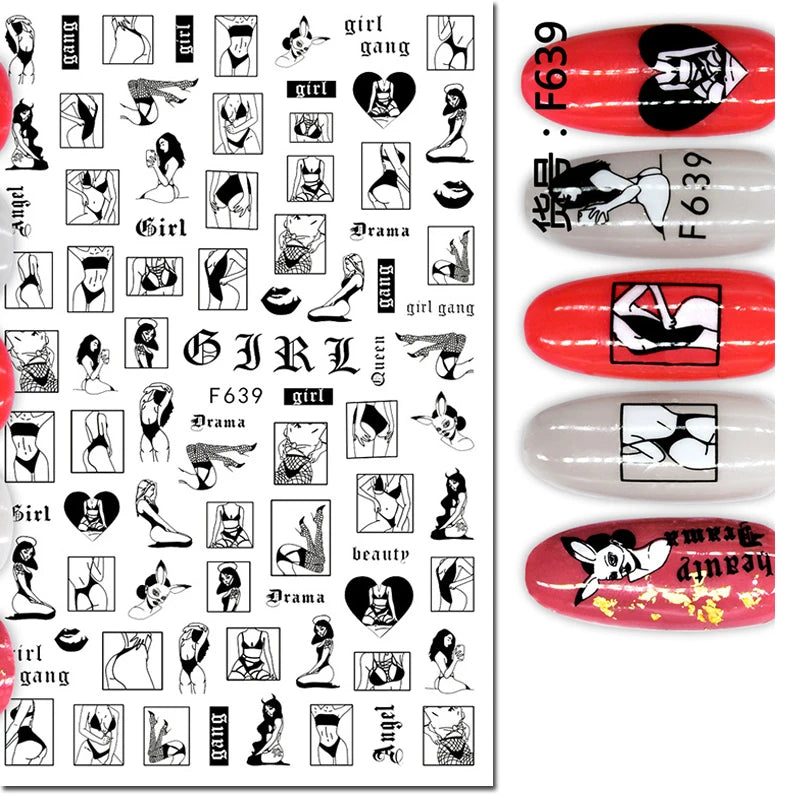 3D Nail Sticker – Tropische Blätter & Linien Design Schwarz & Weiß