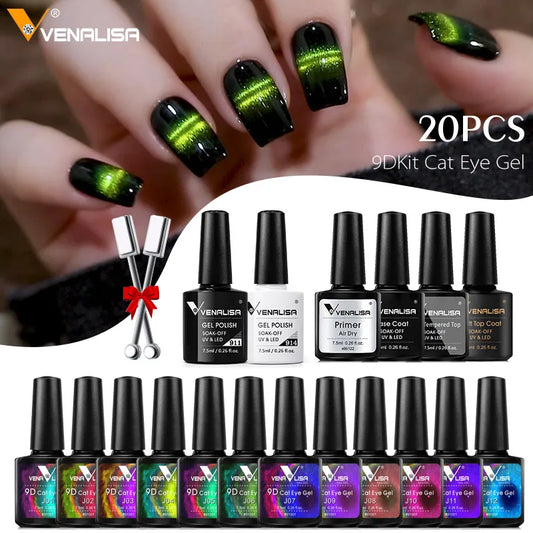 Venalisa Cat Eye Gel Set – 20x 7,5 ml – Magnetischer 9D-Effekt + Zubehör