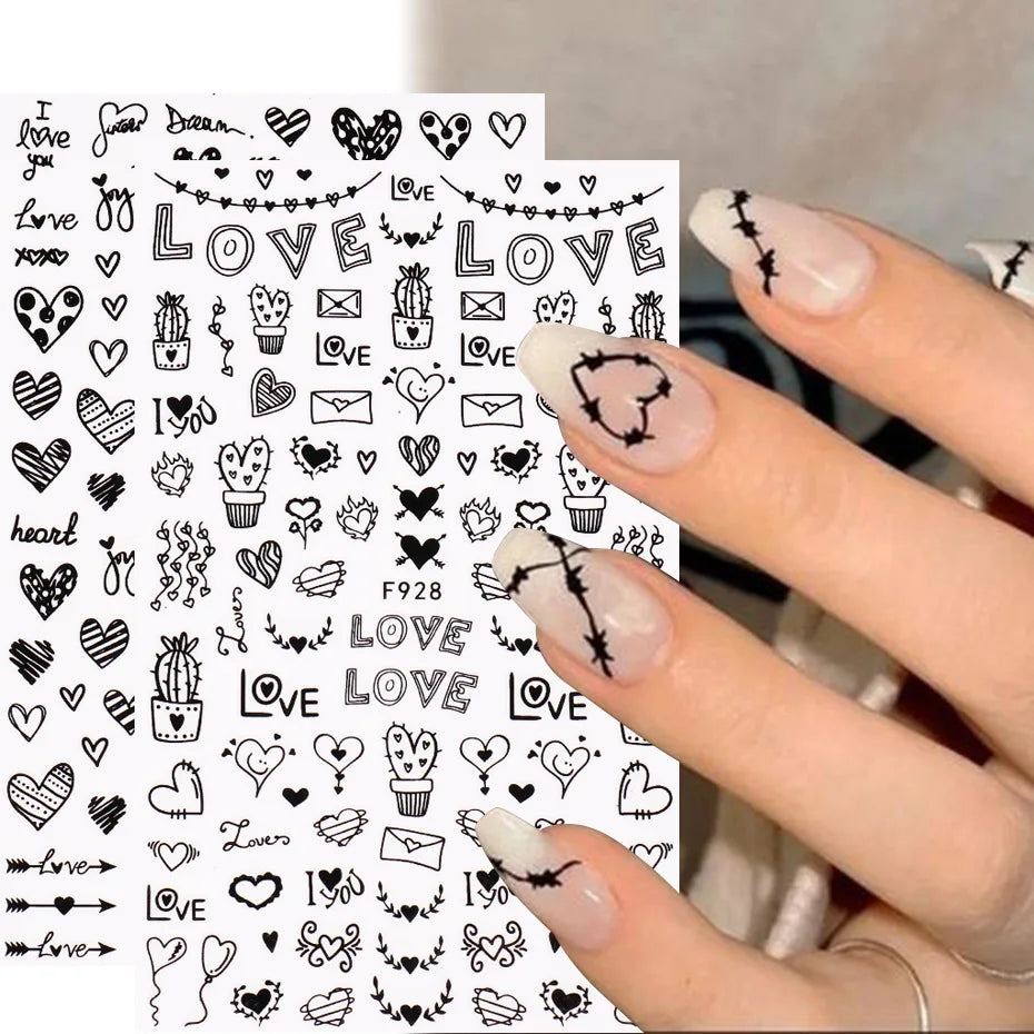 Love & Heart Valentine's Day Nail Stickers – Schwarz Weiß 3D Aufkleber