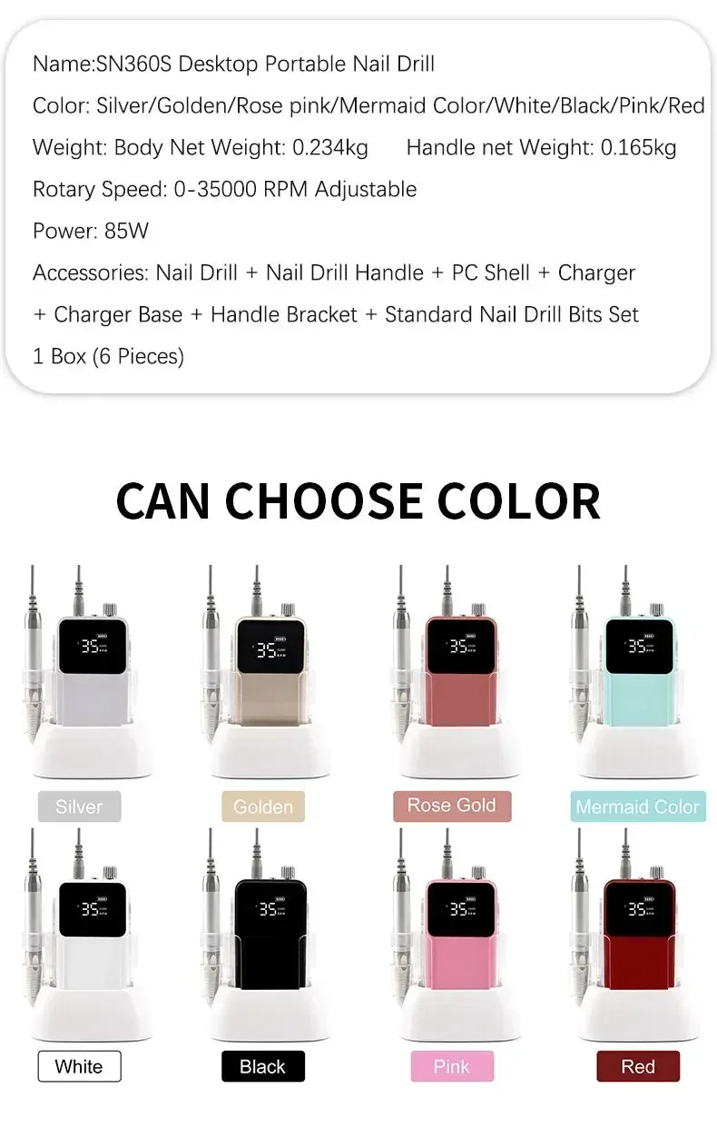 Kabellose Nagelfräse 85 W – 35.000 U/min Profi Brushless Nail Drill für Studio & Zuhause