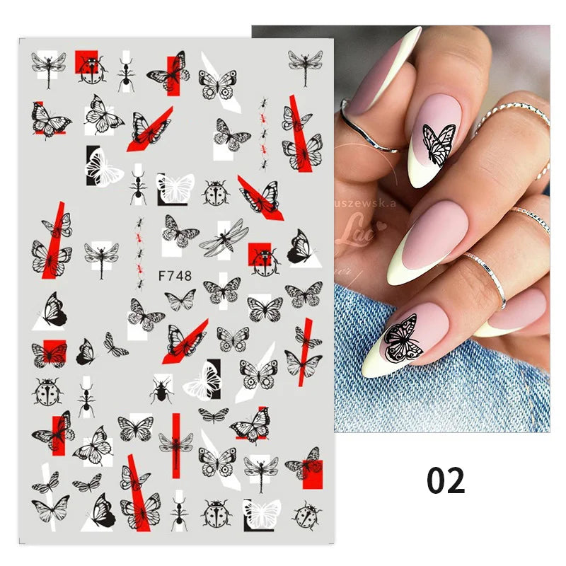 1PCS New 3D Devil's Eye Snake Nail Stickers Nail Art Decoration Black White Flowers Leaves Sticker Nail Art Decals Nail Parts