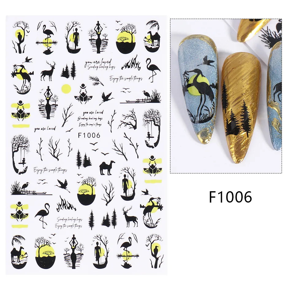1PCS New 3D Devil's Eye Snake Nail Stickers Nail Art Decoration Black White Flowers Leaves Sticker Nail Art Decals Nail Parts