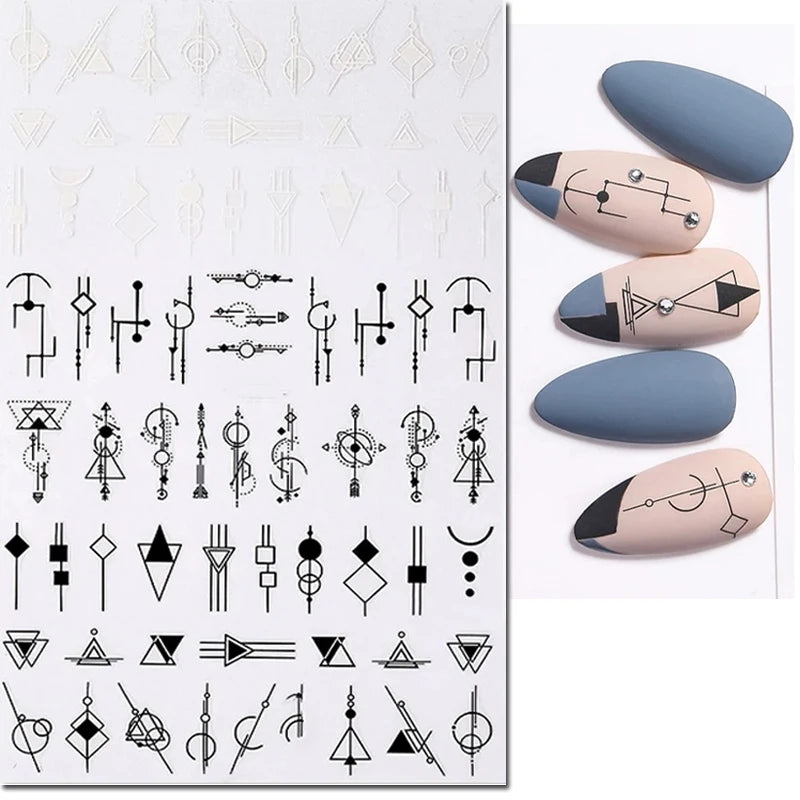 3D Nail Sticker – Tropische Blätter & Linien Design Schwarz & Weiß