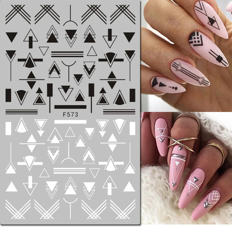 3D Nail Sticker – Tropische Blätter & Linien Design Schwarz & Weiß