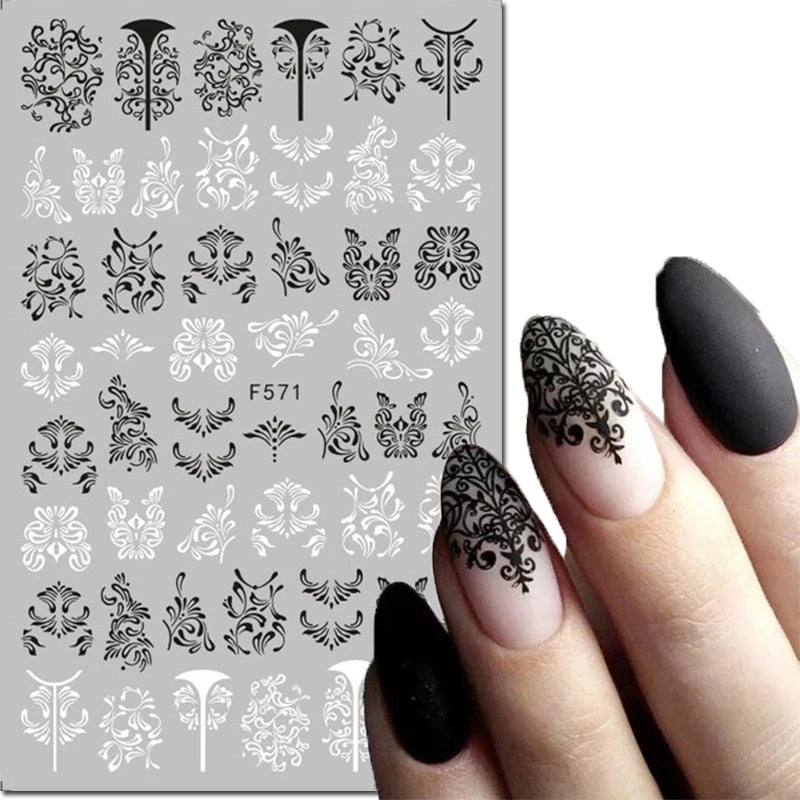 3D Nail Sticker – Tropische Blätter & Linien Design Schwarz & Weiß