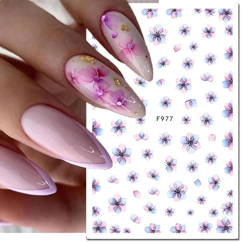 3D Nagelsticker Weißer Pflaumenblüten mit Goldperlen & Schmetterlingen