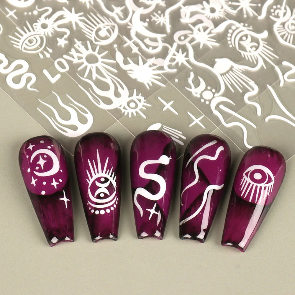 1PCS New 3D Devil's Eye Snake Nail Stickers Nail Art Decoration Black White Flowers Leaves Sticker Nail Art Decals Nail Parts