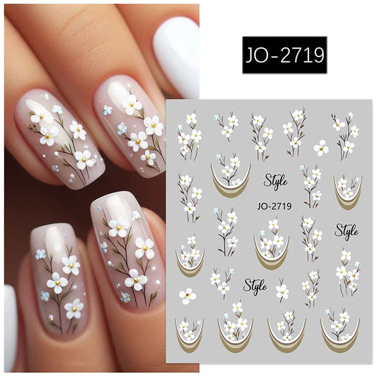 3D Nagelsticker Weißer Pflaumenblüten mit Goldperlen & Schmetterlingen