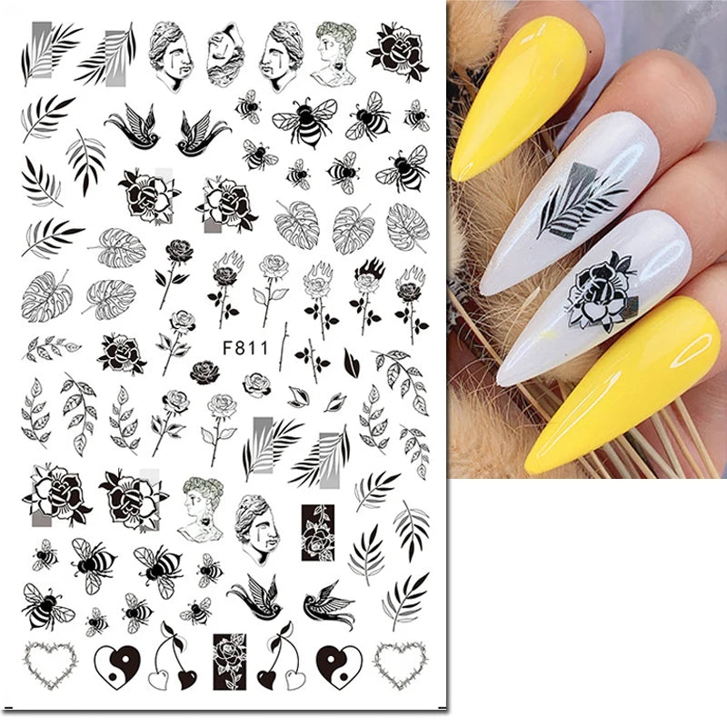 3D Nail Sticker – Tropische Blätter & Linien Design Schwarz & Weiß