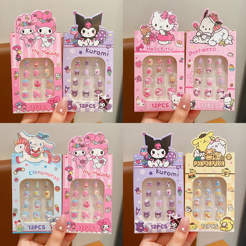 Sanrio Kinder Press-On Nägel – 12 Stück, Hello Kitty, Kuromi, Cartoon Design