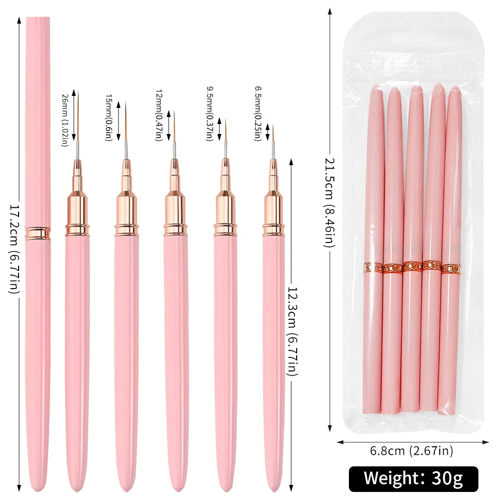 5er-Set Nail Art Liner Pinsel – Rosa, ultrafein für French & Linien (7/10/12/15/20mm)