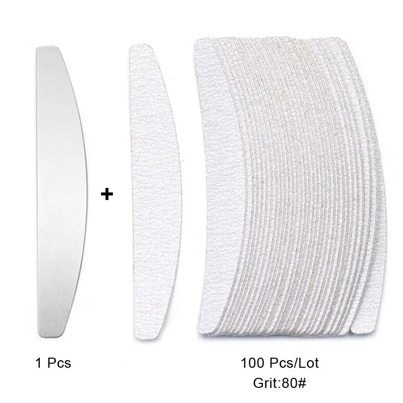 100er Set Ersatzfeilen Halbmond – 80/100/180/240 Grit mit Metallgriff | Nagelfeilen Aufsätze für Maniküre