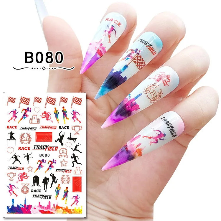 16 Sheets Various Pop Sports Elements American Football Diving Bowling Adhesive Nail Art Sticker Decals Manicure Supplies Tips