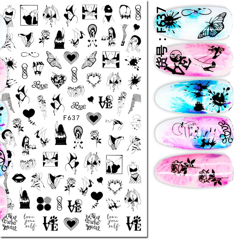 3D Nail Sticker – Tropische Blätter & Linien Design Schwarz & Weiß