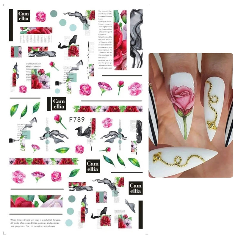 3D Nail Sticker – Tropische Blätter & Linien Design Schwarz & Weiß