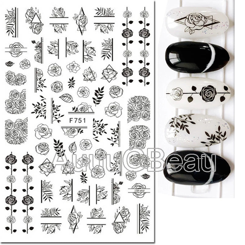 3D Nail Sticker – Tropische Blätter & Linien Design Schwarz & Weiß