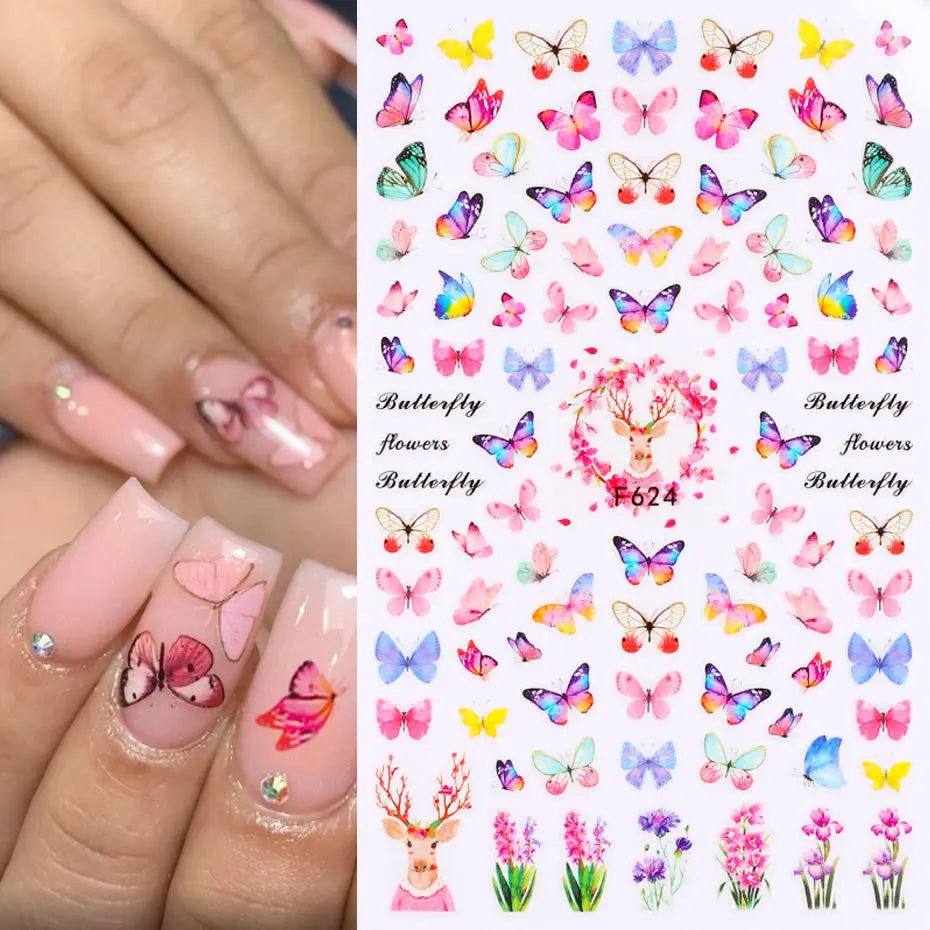 3D Nagelsticker Weißer Pflaumenblüten mit Goldperlen & Schmetterlingen 2.