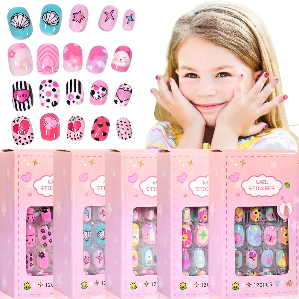 Kinder Press-On Nägel – 120 Stück Pink | Einhorn, Katze, Hase & Cartoon-Design