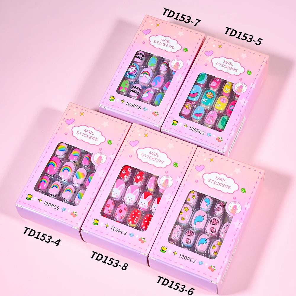 Kinder Press-On Nägel – 120 Stück Pink | Einhorn, Katze, Hase & Cartoon-Design