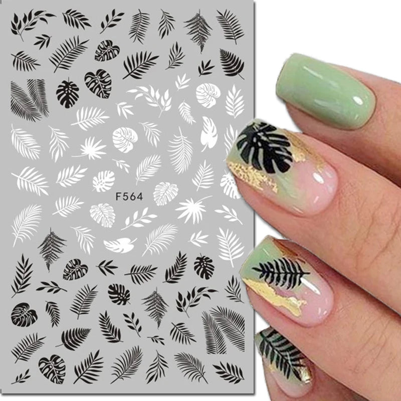 3D Nail Sticker – Tropische Blätter & Linien Design Schwarz & Weiß