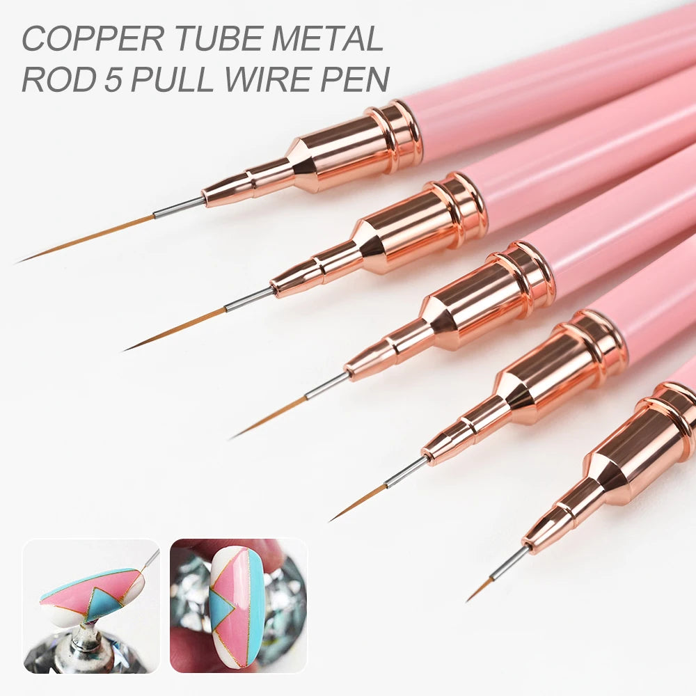 5er-Set Nail Art Liner Pinsel – Rosa, ultrafein für French & Linien (7/10/12/15/20mm)