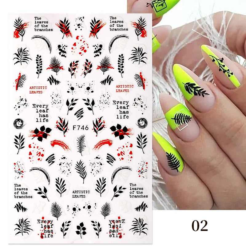 1PCS New 3D Devil's Eye Snake Nail Stickers Nail Art Decoration Black White Flowers Leaves Sticker Nail Art Decals Nail Parts