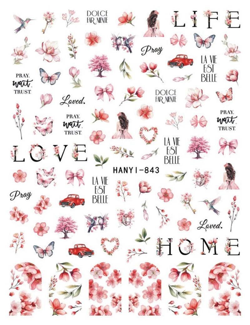 3d Nail Art Stickers Purple Lavenders Bunch Flowers Girls Rabbits Butterflys Decals For Nails Tips Decorations Manicures