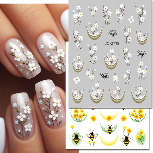3D Nagelsticker Weißer Pflaumenblüten mit Goldperlen & Schmetterlingen 2.