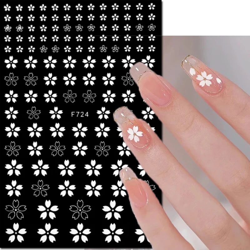 3D Nagelsticker Weißer Pflaumenblüten mit Goldperlen & Schmetterlingen
