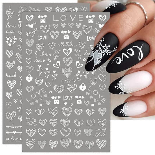 Love & Heart Valentine's Day Nail Stickers – Schwarz Weiß 3D Aufkleber