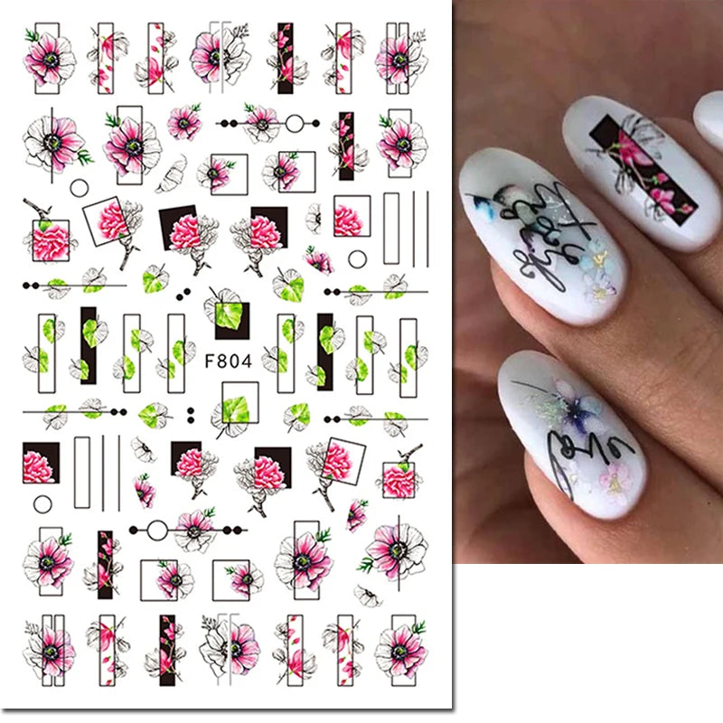 3D Nail Sticker – Tropische Blätter & Linien Design Schwarz & Weiß