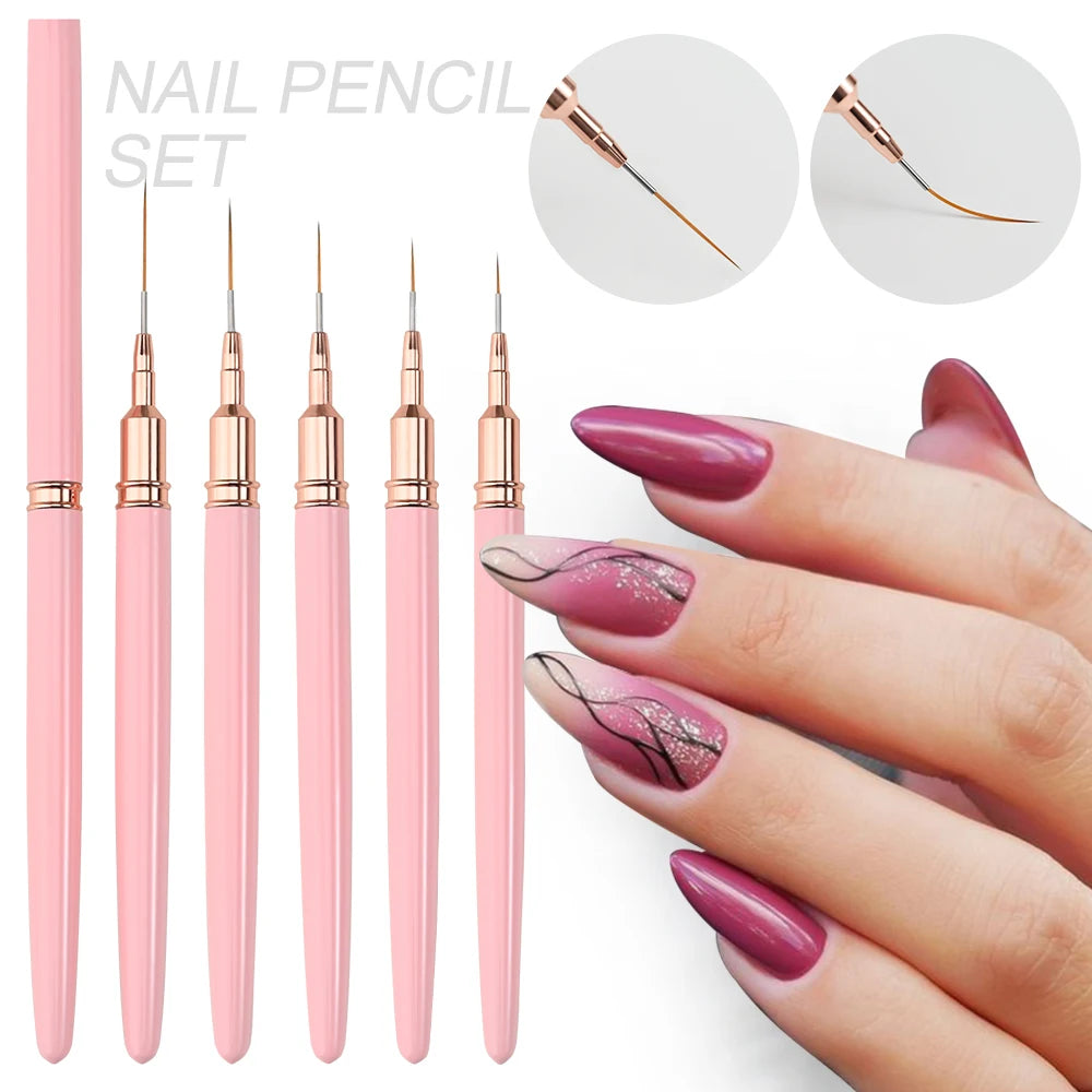 5er-Set Nail Art Liner Pinsel – Rosa, ultrafein für French & Linien (7/10/12/15/20mm)