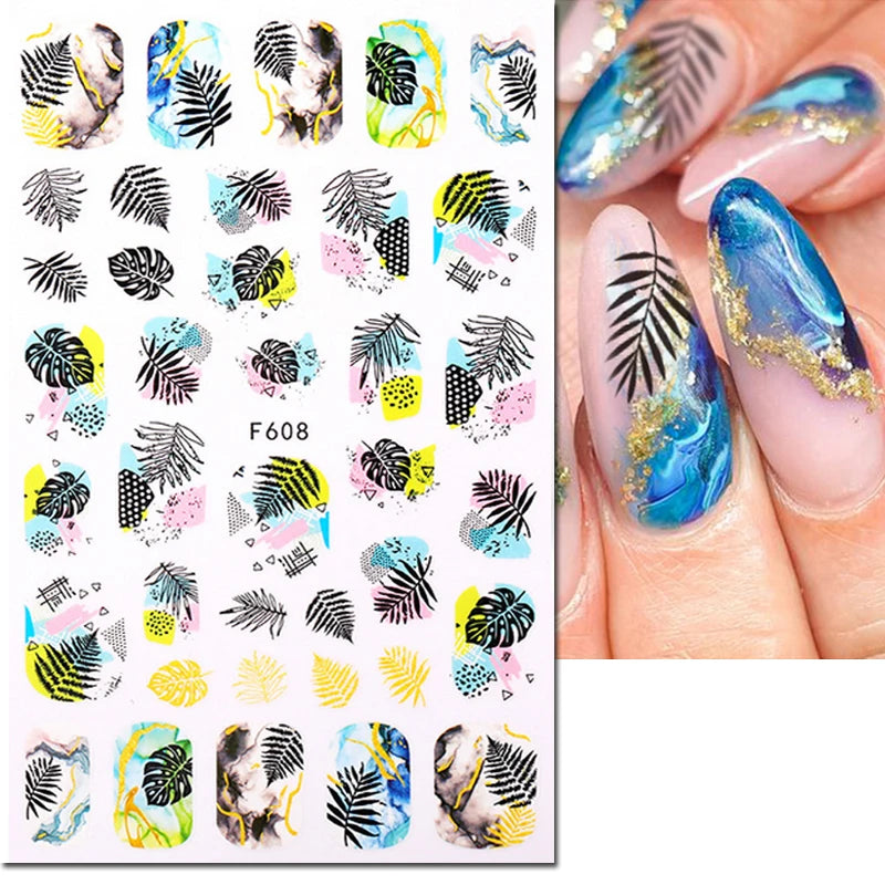 3D Nail Sticker – Tropische Blätter & Linien Design Schwarz & Weiß