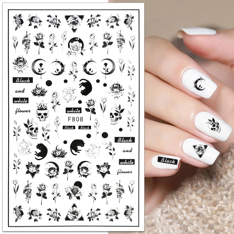 1PCS New 3D Devil's Eye Snake Nail Stickers Nail Art Decoration Black White Flowers Leaves Sticker Nail Art Decals Nail Parts