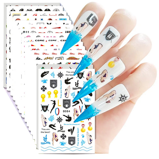 16 Sheets Various Pop Sports Elements American Football Diving Bowling Adhesive Nail Art Sticker Decals Manicure Supplies Tips