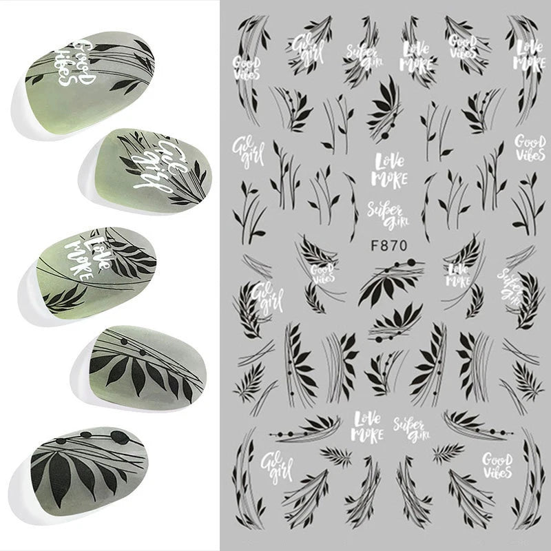 3D Nail Sticker – Tropische Blätter & Linien Design Schwarz & Weiß