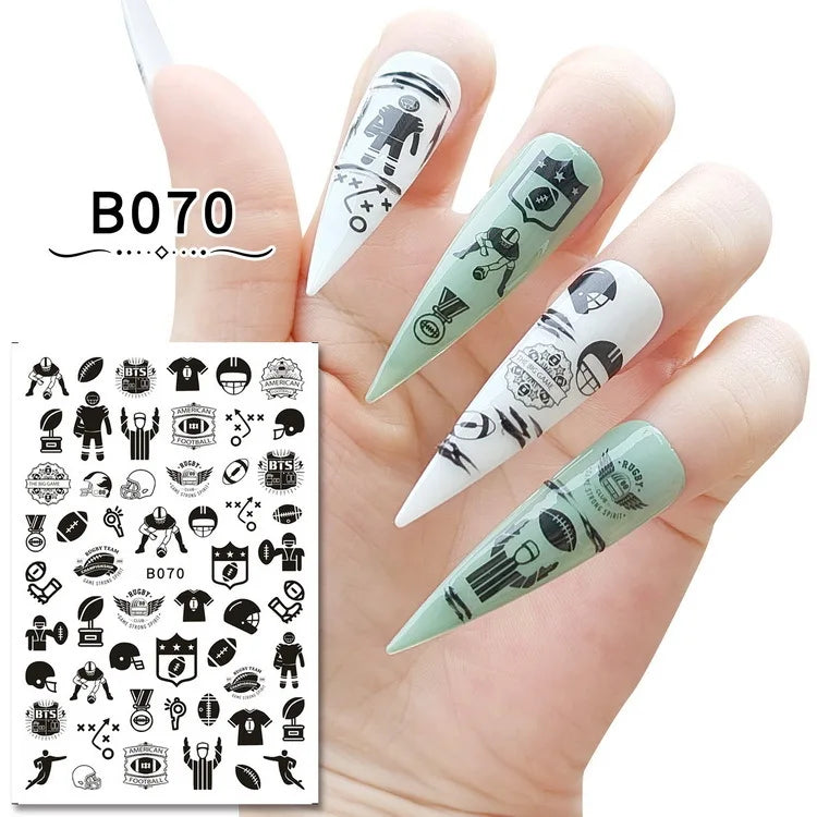 16 Sheets Various Pop Sports Elements American Football Diving Bowling Adhesive Nail Art Sticker Decals Manicure Supplies Tips