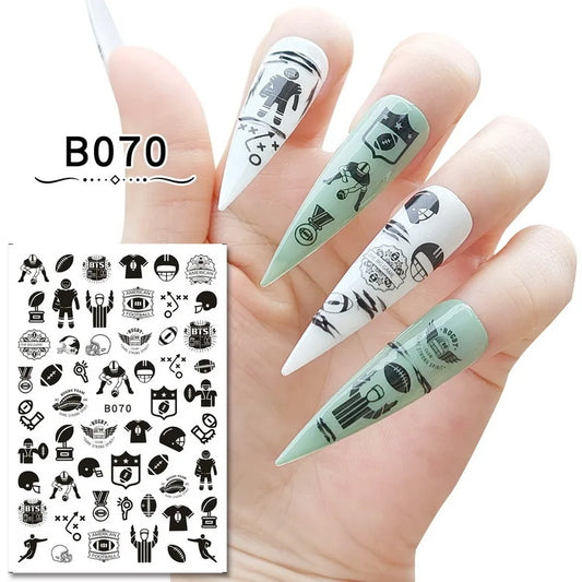16 Sheets Various Pop Sports Elements American Football Diving Bowling Adhesive Nail Art Sticker Decals Manicure Supplies Tips