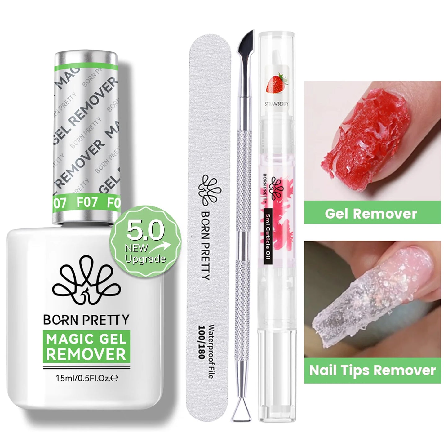 BORN PRETTY Gel Remover Set 15ml – UV-Lack Entferner + Nagelfeile & Pusher