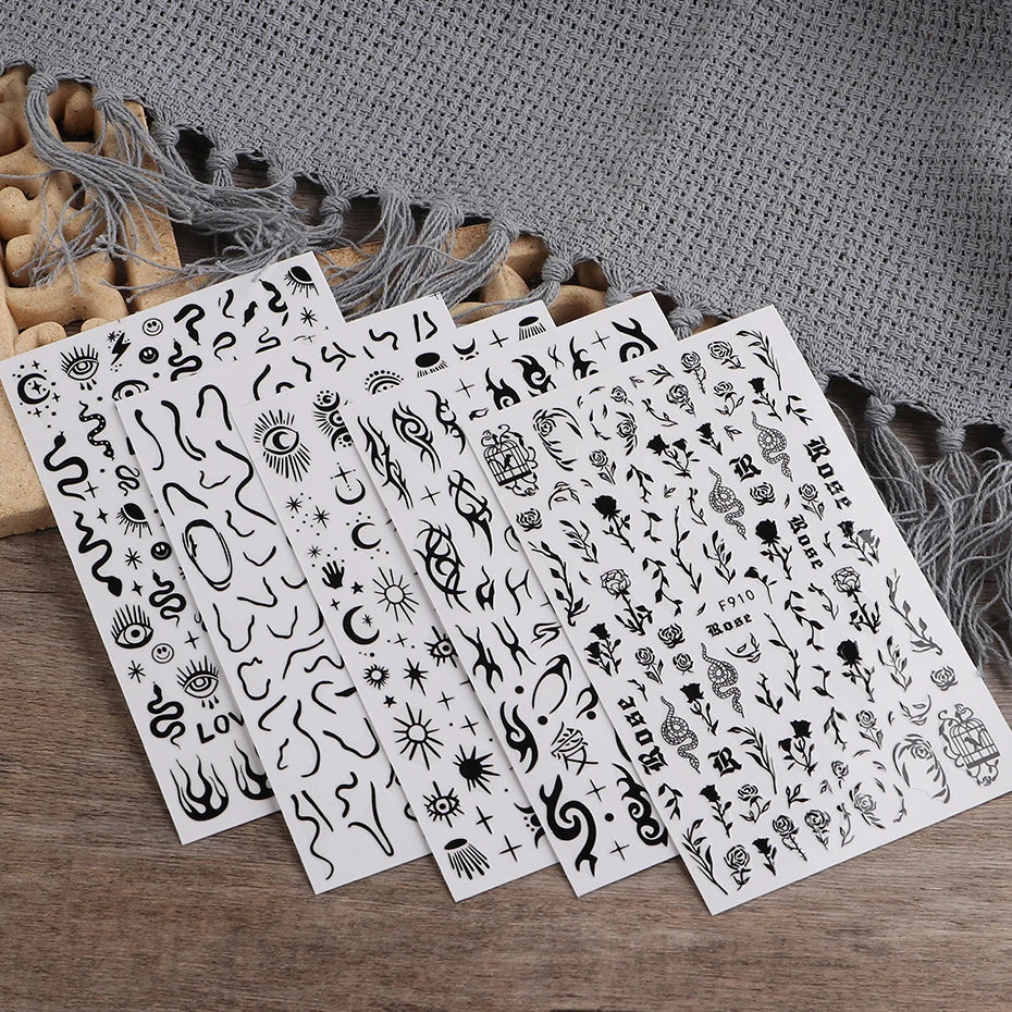 1PCS New 3D Devil's Eye Snake Nail Stickers Nail Art Decoration Black White Flowers Leaves Sticker Nail Art Decals Nail Parts