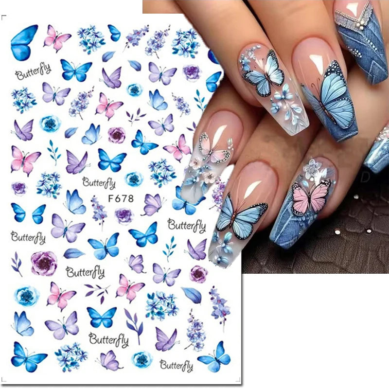 3D Nagelsticker Weißer Pflaumenblüten mit Goldperlen & Schmetterlingen