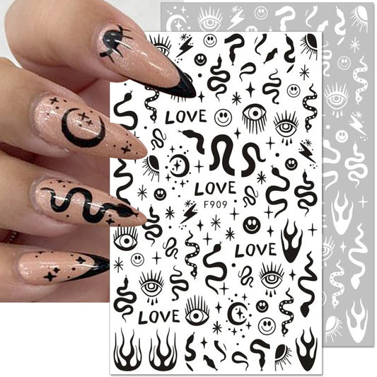 1PCS New 3D Devil's Eye Snake Nail Stickers Nail Art Decoration Black White Flowers Leaves Sticker Nail Art Decals Nail Parts