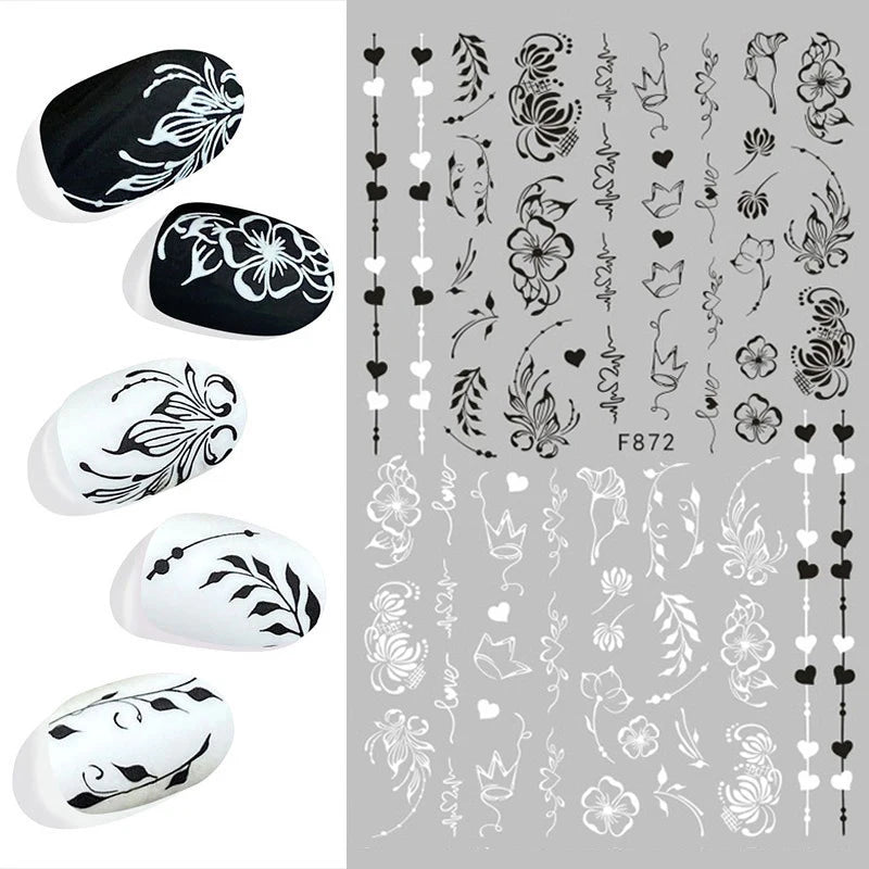3D Nail Sticker – Tropische Blätter & Linien Design Schwarz & Weiß