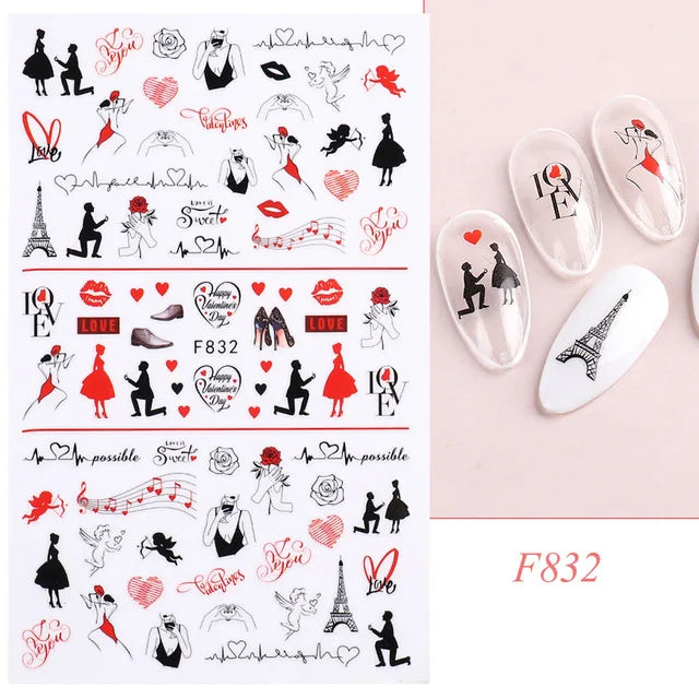Love & Heart Valentine's Day Nail Stickers – Schwarz Weiß 3D Aufkleber