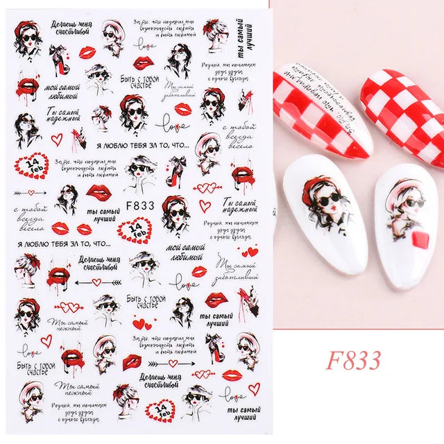 Love & Heart Valentine's Day Nail Stickers – Schwarz Weiß 3D Aufkleber